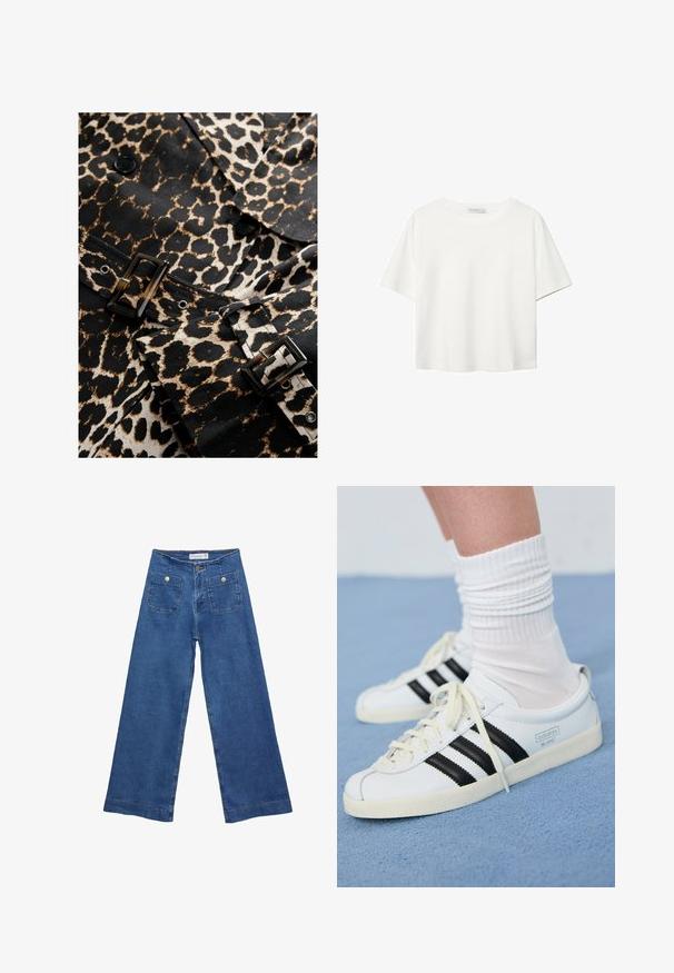 Leopardmønstret stof i sort og beige med en blank sort spænde og knapper. Har et skræddersyet design og et markant mønster.; Hvid kortærmet t-shirt lavet af bomuld. Har en rund halsudskæring og en afslappet pasform. Glat tekstur uden synlige mønstre eller detaljer.; Denim brede ben jeans med en mellemblå vask, to forlommer med knaplukninger og syet detaljering langs sømmene.; Hvide lædersneakers med sorte striber, cremefarvet sål og lyse snørebånd. Båret med hvide ribbede sokker, placeret på blå baggrund.