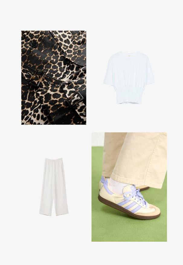 Leopardmønstret stof i sort og beige med en blank sort spænde og knapper. Har et skræddersyet design og et markant mønster.; Hvid kortærmet T-shirt med afslappet pasform og smocked tekstur ved taljen. Lavet af blødt, letvægtsstof.; Hvide bukser med bred benlængde lavet af et letvægtsstof. Har et elastisk talje med snor og sidelommer. Glat tekstur.; Creme og lavendel sneakers med tre striber og en tekstureret brun sål, der har snørebånd og en polstret hæl. Blødt stof øvre.