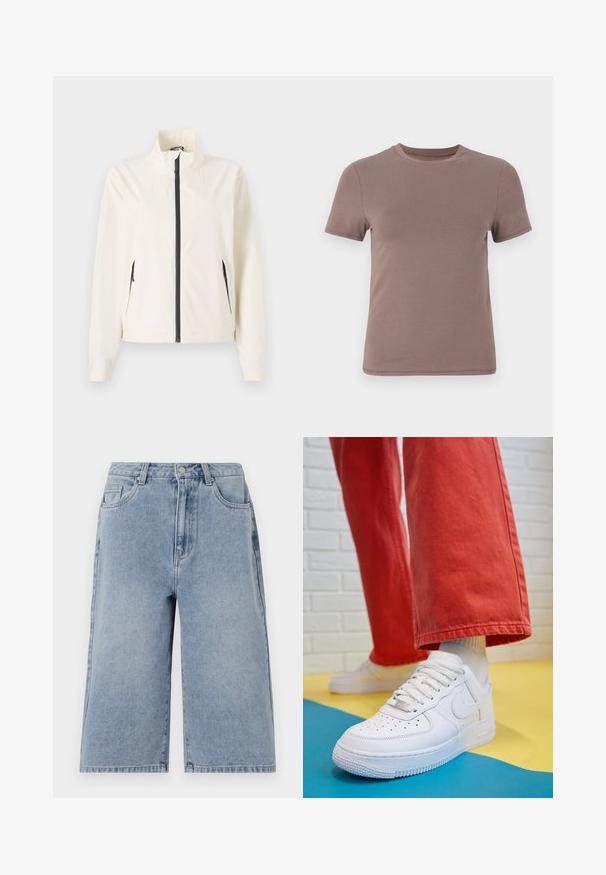 Ελαφρύ μπουφάν κρέμα με ψηλό γιακά, μαύρο φερμουάρ και πλαϊνές τσέπες. Διαθέτει λεία υφή και κομψή γραμμή.; Μπλουζάκι κοντομάνικο σε μουδιασμένο καφέ, φτιαγμένο από λεία βαμβακερή ύφανση με κλασικό στρογγυλό λαιμό και ελάχιστες λεπτομέρειες ραφής.; Ανοιχτό μπλε τζιν σορτσάκια με άνετη εφαρμογή, μέτρια ψηλή μέση και εμφανή ραφές. Περιέχουν πλαϊνές και πίσω τσέπες, καθώς και κλείσιμο με κουμπί.; Λευκό δερμάτινο αθλητικό Παπούτσι με τρύπες στην μύτη, υφασμάτινη σόλα και λευκές κορδόνι, συνδυασμένο με φαρδιά κόκκινα παντελόνια και μπλε-κίτρινο φόντο.