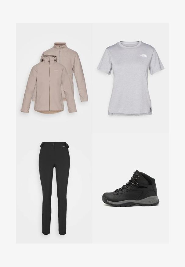 Vedenkestävä beige takki, jossa on irrotettava huppu, etuvetoketju ja kaksi sivutaskua. Pehmeä sisävuori ja toinen fleeceläisyys.; Harmaa lyhythihainen t-paita, joka on valmistettu pehmeästä, kosteutta siirtävästä kankaasta. Siinä on pyöreä kaula-aukko ja pieni valkoinen logo vasemmassa yläkulmassa.; Mustat, slim fit -housut, jotka on valmistettu joustavasta materiaalista. Ominaisuuksiin kuuluu vetoketjullinen sivutasku, muotoillut polvet ja sileä pinta.; Musta vaelluskenkä, jossa on puolivartinen muotoilu, jolle on ominaista teksturoitu päällinen, harmaat yksityiskohdat ja kestävä kumipohja, jossa on pitoita lisääviä lukuja.