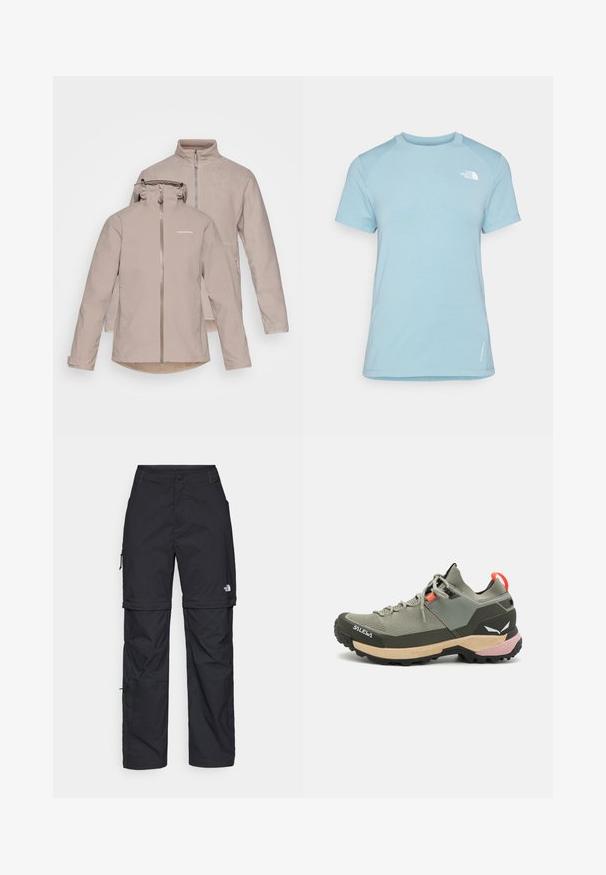 Šviesiai ruda nepralaidi vandeniui striukė su nuimama капюшоном, priekiniais užtrauktukais ir dviem šoninėmis kišenėmis. Minkšta vidinė pamušalas ir antras vilnos sluoksnis.; Šviesiai mėlyna trumpomis rankovėmis marškinėlė su apvalia kaklo iškirpte. Pagaminta iš minkštos medžiagos, su raglano rankovėmis ir balta logotipu virš kairiojo krūtinės kampo.; Juodos nailoninės krovinių kelnės su reguliuojamais rankovėmis, daugybe kišenių ir logo ant dešinės kojos. Lygi, lengva tekstūra.; Lengvas žalias žygio batelis, pagamintas iš tinklinės ir gumos medžiagų, su juodu sukibimo padu, rožinėmis ir oranžinėmis akcentais bei sustiprintu bato galiuku.