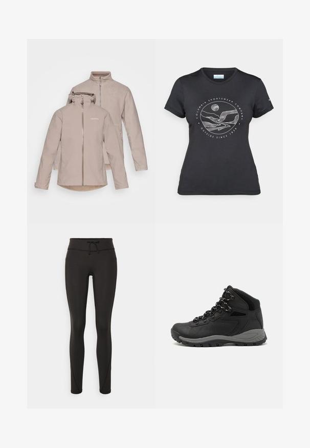 Šviesiai ruda nepralaidi vandeniui striukė su nuimama капюшоном, priekiniais užtrauktukais ir dviem šoninėmis kišenėmis. Minkšta vidinė pamušalas ir antras vilnos sluoksnis.; Juodas "Columbia" marškinėliai su balta apskrita kalnų ir upės linijų grafika bei tekstu "Columbia Sportswear Company Lauke nuo 1938 metų."; Juodi leggingai su aukšta juosmeniu, raišteliu, lygiu paviršiumi ir prigludusia forma. Yra siuvimo detalės šonuose.; Juodas žygio botas su vidutinio aukščio dizainu, pasižymintis tekstūruota viršutine dalimi, pilkų akcentų ir patvaria guma padanga su sukibimo gumbais.