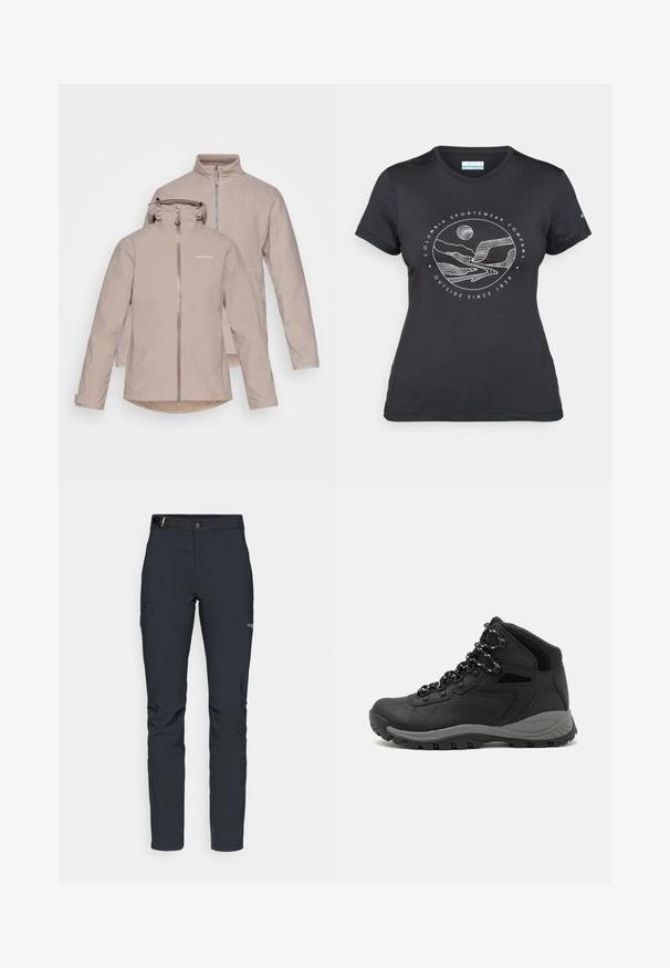 Beige vandtæt jakke med en aftagelig hætte, frontlynlås og to sidelommer. Blød indvendig foring og et andet lag fleece.; Sort Columbia t-shirt med hvid cirkulær bjerg- og flodlinjekunst samt teksten "Columbia Sportswear Company Udenfor Siden 1938."; Herrers udendørsbukser, mørkegrå, lavet af fleksibelt materiale, med bælte, lynlåslommer og forstærkede syninger.; Sort vandrestøvle med en mellem-højde design, der har en tekstureret overdel, grå detaljer og en holdbar gummisål med skridsikre klodser.