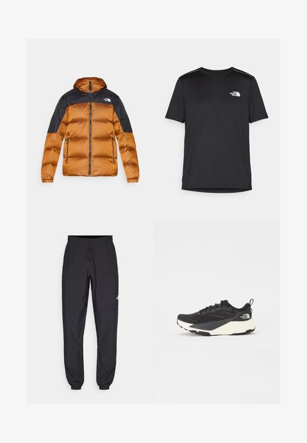 Casaco tipo puffer em laranja enferrujado e preto, com fecho de correr à frente, capuz, textura acolchoada e dois bolsos laterais. Logotipo no lado esquerdo do peito.; T-shirt preto de manga curta feito de um tecido leve. Apresenta um pequeno logo branco ao lado esquerdo do peito e detalhes subtis nos ombros.; Calças atléticas pretas feitas de tecido leve, com um cós ajustável por cordão, bolsos laterais e punhos afunilados nos tornozelos.; Sapatilha atlética preta com parte superior em malha texturada, detalhes pretos sólidos e sola leve branca. Apresenta fecho com atacadores e alça de puxar.