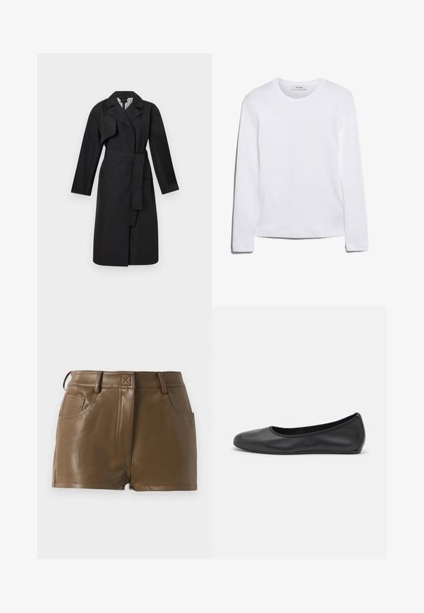 Melns trenčkot ar jostu viduklī, garām piedurknēm un atlokāmu apkakli. Tam ir divas priekšējās kabatas un rakstaina iekšējā odere.; Bieza piedurkņu balta T-krekls, izgatavots no ribota kokvilnas, ar apaļu kakla izgriezumu un taisnu apakšmalu. Vienkāršs dizains bez rakstiem vai akcentiem.; Brūnas mākslīgās ādas šorti ar piegulīgu dizainu, jostasvieta ar jostu cilpiņām, priekšējām kabatām un redzamām šuvju detaļām.; Melna ādas baleta kurpe ar noapaļotu purngalu, gludu tekstūru, minimālu šuvju detalizāciju un elastīgu zoles dizainu.