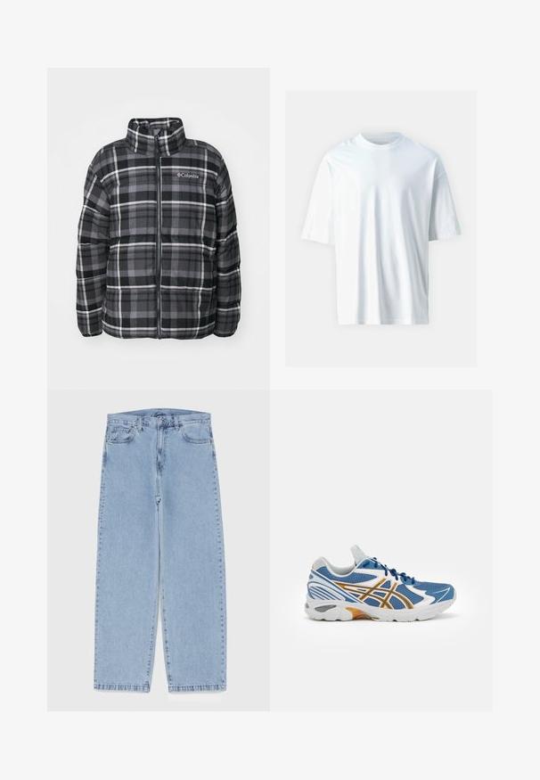 Karo jakna s puhovanjem ima črno-sivo karirano zasnovo, visok ovratnik, zadrgo spredaj in logo na levem prsnem delu.; Bela kratka majica s kratkimi rokavi iz mehkega bombaža. Ima okroglo izreza, sproščen kroj in gladko teksturo. Brez vidnih vzorcev ali dodatkov.; Svijetloplave traperice s ravnim nogavicama, srednjeg struka, pet džepova te zatvaranjem na gumb i munju.; Modra atletska čevlja z mrežastim zgornjim delom, belimi in oranžnimi detajli, oblazinjenim srednjim podplatom in teksturiranim gumijastim podplatom. Ima dizajn na vezalke.