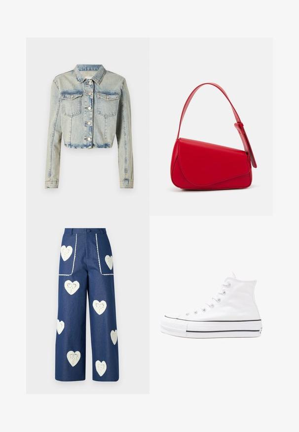 Lyhyt vaaleansininen farkkutakki, jossa on edessä napitus, kaksi rintataskua ja pitkät hihat, joissa on ommeltuja yksityiskohtia.; Kukkakuvioinen paita pitkillä puff-hihoilla, vaalean kerma pohja, jossa on violetteja, oransseja ja vihreitä kukkakuoseja sekä klassinen kaulustyyli.; Sister Jane HEART TO HEART - Straight leg -farkut - blue denim; Valkoiset korkeavartiset kangaskengät mustalla kumipohjalla, edessä kuminen varvasosa ja kuusi nauha-aukkoa, puhtaan minimalistisella muotoilulla.; Punainen nahkalaukku, jossa on kulmikas, geometrinen muotoilu. Varustettu yhdellä säädettävällä hihnalla ja läpällä, jossa on ommeltu yksityiskohtia.