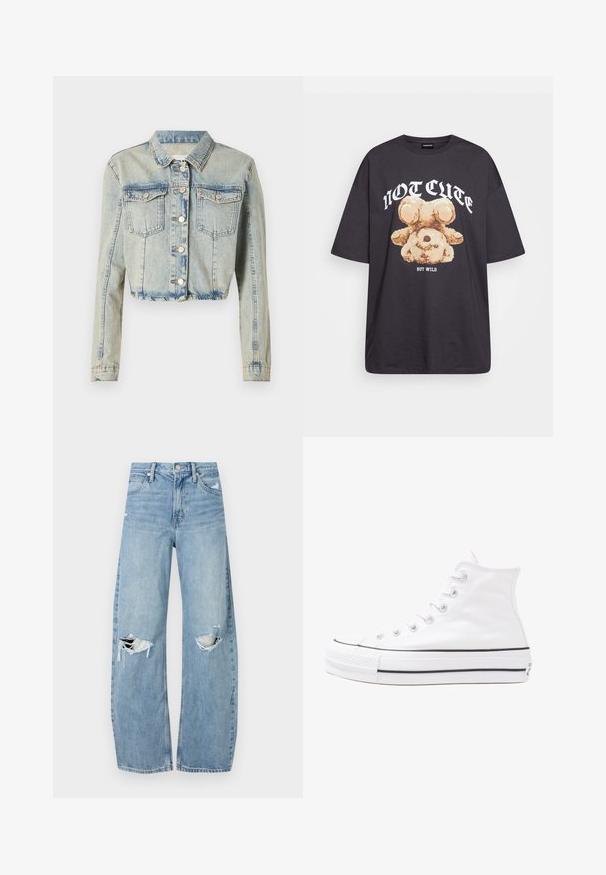 Világoskék, rövidített farmerdzseki, elöl gombos záródással, két mellzsebbel és hosszú ujjakkal, amelyeket varrás díszít.; Fekete, oversized póló, rajta egy medvével és a "NEM CUKI, HANEM FÉKTELEN" felirattal vastag, fehér betűkkel. Pamut anyag.; Világoskék, magas derekú farmernadrág. Széles lábakkal, két szakadt térddel és klasszikus öt zsebes dizájnnal rendelkezik.; Fehér magaskorsó vászon sportcipő fekete gumi talppal, elülső gumi orrnyereggel és hat fűzőlyukkal, letisztult, minimalista dizájnnal.