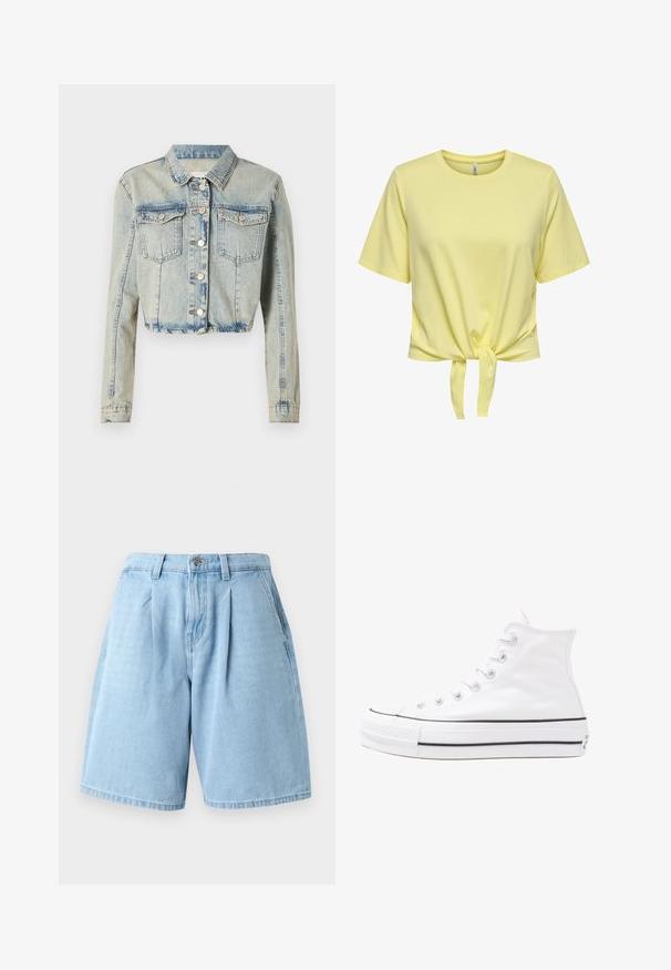 Kratka traper jakna svijetlo plave boje, s prednjim dugmetom, dva džepa na grudima i dugim rukavima s ušivenim detaljima.; Žuta majica kratkih rukava izrađena od mekog, laganog pamuka s čvorastim detaljem na struku. Glatka tekstura i opušteni kroj.; Svijetloplave traper šortseve s opuštenim krojem, s prednjim nabranim detaljima, petljama za remen i klasičnim pet džepnim stilom.; Bijela visoka platnena tenisica s crnom gumenom potplatom, prednjim gumenim zaštitnikom prstiju i šest rupa za vezanje, s čistim, minimalističkim dizajnom.