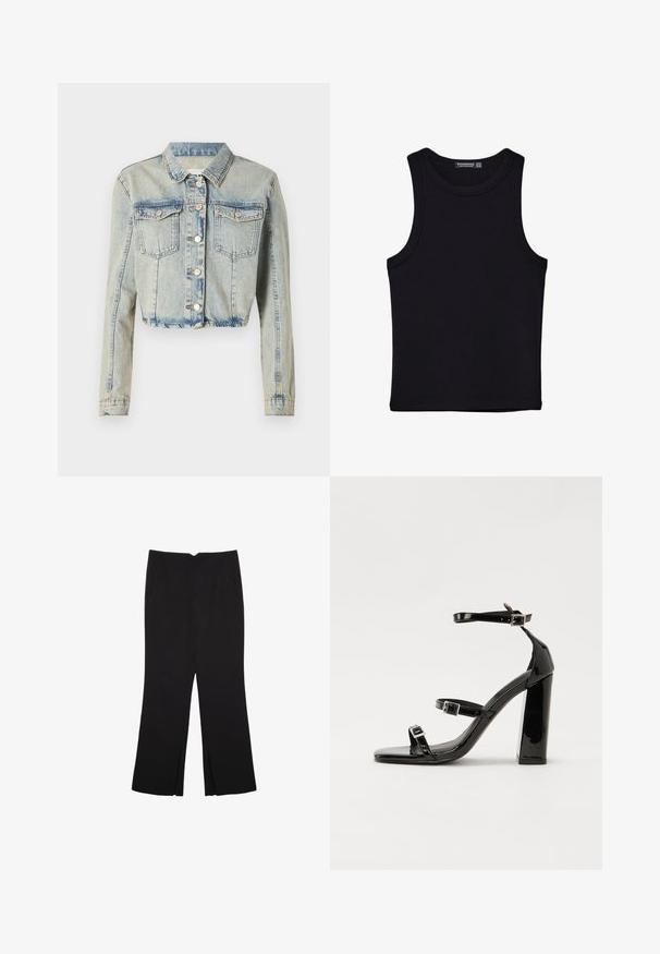 Skraťená džínová bunda v svetlom modrom odtieni, s predným zapínaním na gombíky, dvomi náprsníkmi a dlhými rukávmi so šitím.; Čierny tank top vyrobený z bavlny, s okrúhlym výstrihom a širokými ramienkami. Hladká textúra so zošitými okrajmi. Klasický, minimalistický dizajn.; Čierne nohavice so strihom rovného strihu, s prednými vreckami a bočnými rozparkami na leme. Vyrobené z mäkkej, hladkej tkaniny. Vhodné na rôzne príležitosti.; Čierne lakované sandále na vysokom opätku s dvoma prackami, štvorcovou špičkou a hrubým blokovým opätkom, s hladkou, lesklou textúrou.