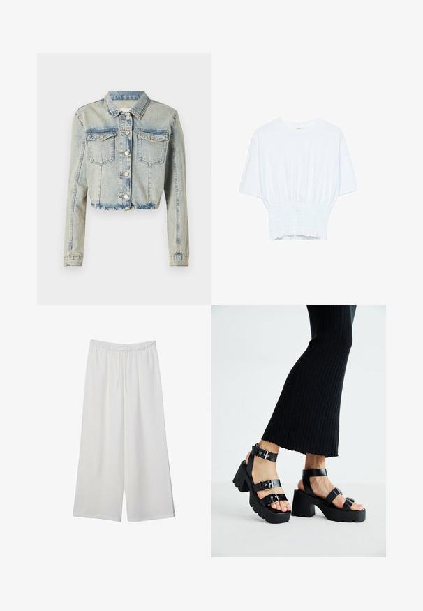 Krótkie niebieskie dżinsowe kurtka, z zapięciem na guziki z przodu, dwoma kieszeniami na piersiach i długimi rękawami z przeszyciami.; Biała koszulka z krótkim rękawem o luźnym kroju i marszczonym wykończeniu w talii. Wykonana z miękkiego, lekkiego materiału.; Białe szerokie spodnie wykonane z lekkiego materiału, z elastyczną talią i sznurkiem do regulacji fasonu. Gładka tekstura.; Czarne platformy na sandały z grubymi, żłobionymi podeszwami i wieloma paskami, z metalowymi klamrami i gładką, skórzano-podobną fakturą.