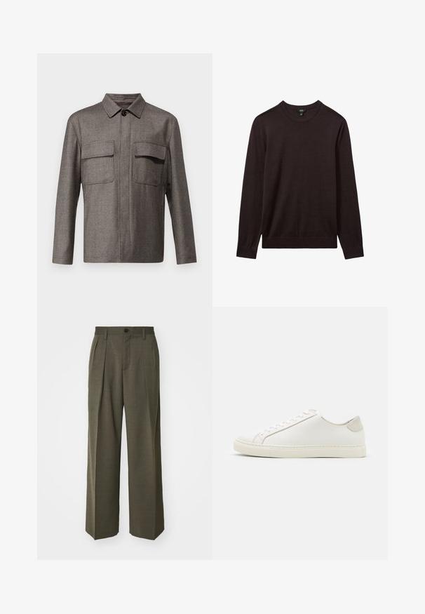 LARDINI GIACCA CAMICIA UOMO - Light jacket - black/white; Reiss Jumper - dark bordeaux; Filippa K WIDE TROUSERS - Trousers - driftwood; White leather sneaker with a smooth surface, round toe, and minimalistic design. Features beige accents on the heel and a rubber sole.