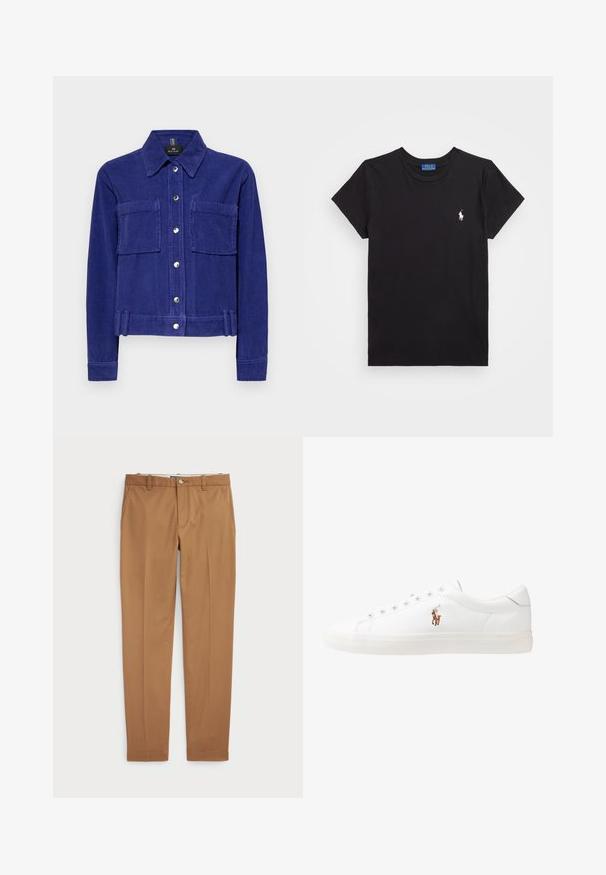 PS Paul Smith WOMENS JACKET - Light jacket - blue; Black cotton t-shirt with a crew neckline, short sleeves, and a white embroidered logo on the left chest. Smooth texture, casual design.; Brown cotton trousers with a slim-fit design, flat front, and standard pockets; smooth texture and hemmed cuffs.; White leather sneakers, low-top design, featuring a smooth texture, round toe, laced front, and a small embroidered logo on the side.