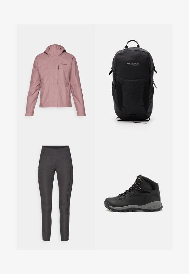 Støvet rosa Columbia vanntett jakke med justerbar hette, glidelås på bryst- og sidelommer, og borrelåsbånd ved håndleddene, vist forfra.; Grå kortermet t-skjorte laget av myk, fukttransporterende stoff. Har en rund hals og en liten hvit logo på øvre venstre side.; Høyt liv leggings i mørkegrått, laget av strukturert stoff. Har en tettsittende design og sidelommer for oppbevaring.; Sorte turstøvler med mid-topp design, som har en teksturert overdel, grå detaljer og slitesterk gummisåle med godt grep.; Svart Columbia Titanium ryggsekk med en glatt stoffoverflate, sidelommer, topphåndtak og justerbare stropper. Minimalistisk design med subtil merkevare.