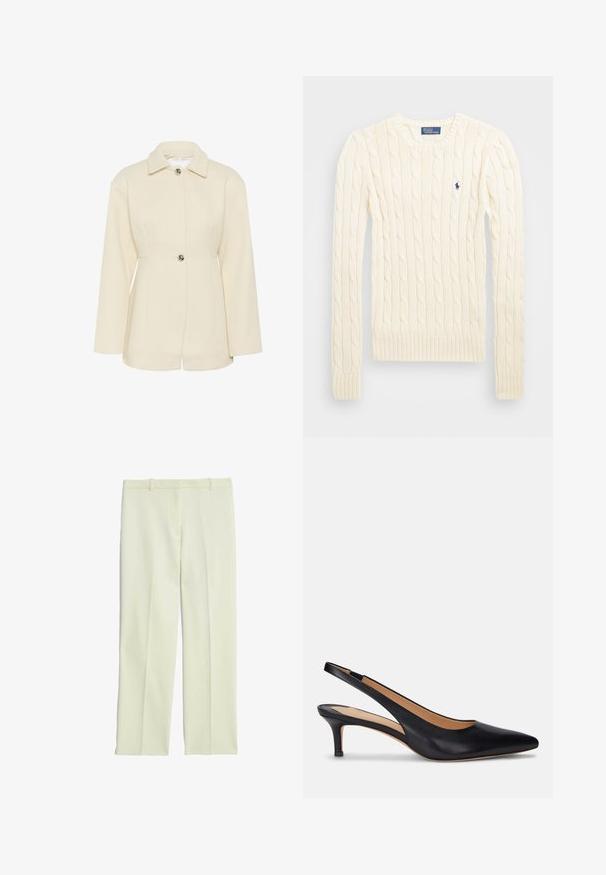Crème-kleurige textuur jacket met een met kraag, enkele knoopsluiting en lange mouwen. Heeft verticale ribbeldetails.; Crème kabelbreiselsweater met lange mouwen, geribbelde manchetten en zoom, met een klein geborduurd logo op de linkerkant van de borst.; Crème-kleurige op maat gemaakte broek met een recht model, met een platte voorkant, riemlussen en een soepele textuur.; Zwarte leren slingback pump met een spitse neus, lage kittenhak en een gladde textuur. Heeft een open achterkant en minimale stikseldetails.