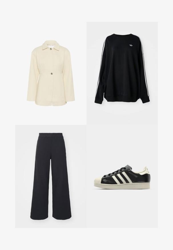 Kreminės spalvos tekstūruotas švarkas su apykakle, vienu mygtuko užsegimu ir ilgomis rankovėmis. Yra vertikalių briaunų detalės.; Juodas per didelis džemperis iš minkštos medžiagos, su baltais dryžiais palei rankoves ir mažu logotipu krūtinėje. Apvalus iškirpimas.; Juoda plačių kojų sportinė kelnė, pagaminta iš minkštos medžiagos, su elastinga juosmens juosta ir mažu logotipu kairėje pusėje.; Juodi odiniai sportiniai bateliai su baltais dryžiais, guminis toe kapas, juodi raišteliai ir kreminis padas. Lygus pavirčius su blizgiu finišu.