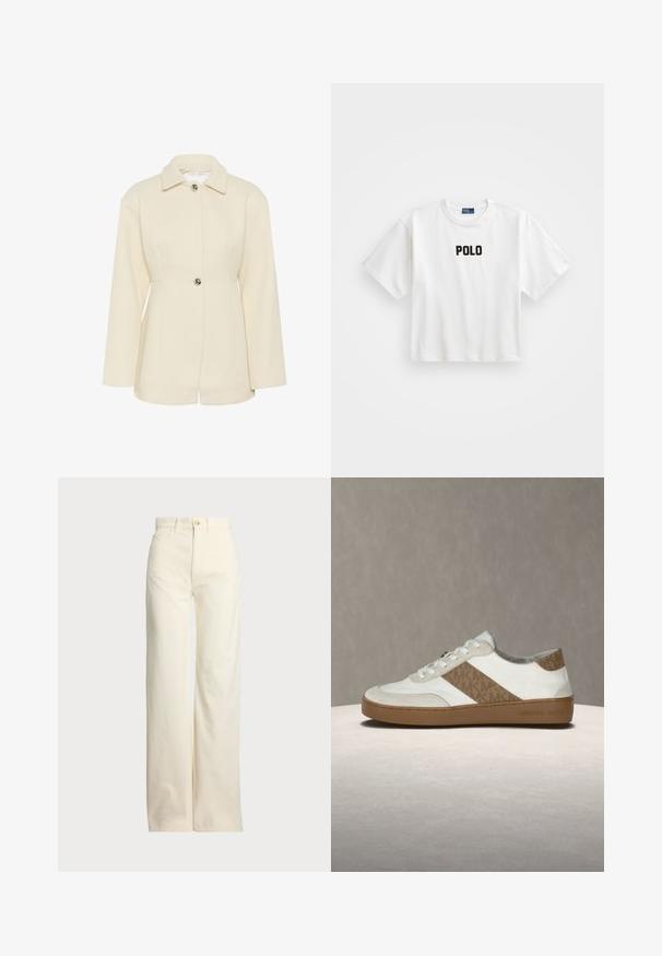 Giacca texturizzata color crema con colletto, chiusura a un bottone e maniche lunghe. Presenta dettagli a righe verticali.; Maglietta bianca in cotone a maniche corte, con un logo ricamato nero "POLO" sul davanti. Design semplice e squadrato.; Polo Ralph Lauren COTTON CORDUROY WIDE-LEG PANT - Pantaloni - warm white; Sneaker bianca con dettagli in suede beige chiaro, striscia laterale decorata, punta rotonda, lacci bianchi e suola in gomma marrone. Marchio sul tallone.