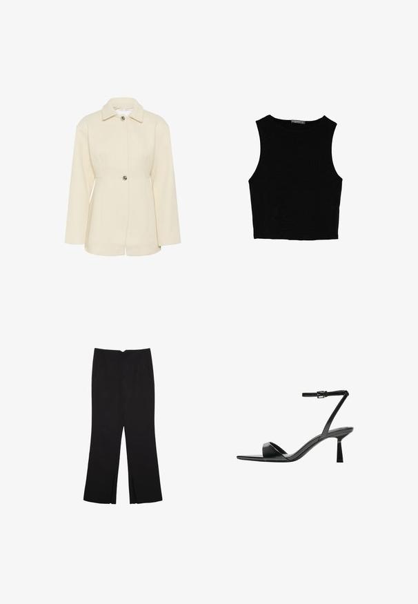 Jasné krémové štruktúrované sako s golierom, jednoprackovým zapínaním a dlhými rukávmi. Má vertikálne ryhované detaily.; Čierny bezrukávový crop top vyrobený z hladkej tkaniny, so zaobleným výstrihom a čistým, jednoduchým dizajnom bez vzorov alebo kovania.; Čierne nohavice so strihom rovného strihu, s prednými vreckami a bočnými rozparkami na leme. Vyrobené z mäkkej, hladkej tkaniny. Vhodné na rôzne príležitosti.; Bershka Sandále na vysokom opätku - black