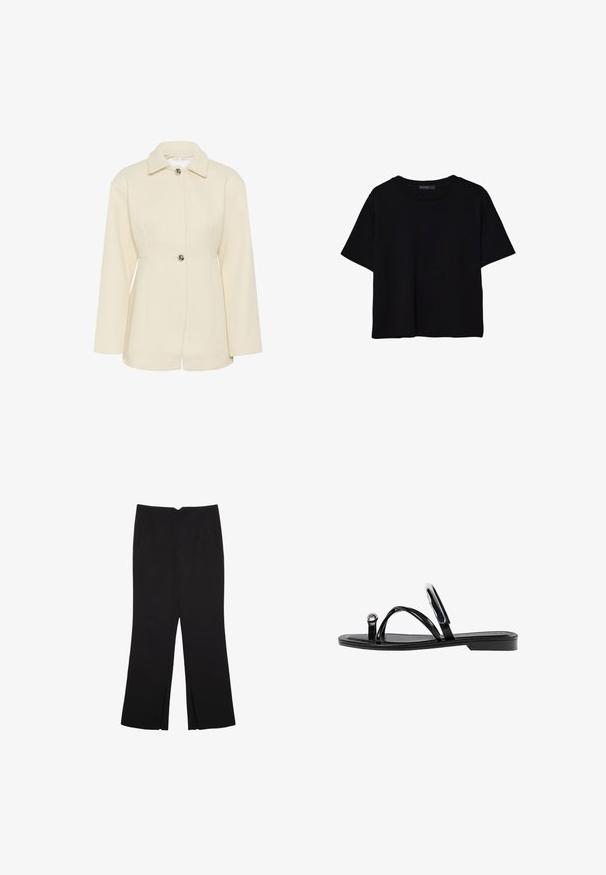 Kremno obarvana teksturirana jakna z ovratnikom, enojnim gumbom in dolgimi rokavi. Ima vertikalne rebraste podrobnosti.; Črna kratkotrajna majica brez rokavov iz bombaža. Ima okroglo ovratnico in sproščen kroj z gladko, enostavno teksturo. Brez vidnih vzorcev ali dodatkov.; Črne hlače ravnega kroja z naglavnimi žepi in stranskimi razporki na robu. Narejene iz mehke, gladke tkanine. Primerne za različne priložnosti.; Črne ravne sandale s sijajno končno obdelavo, tremi tankimi trakovi in okroglo kovinsko podrobnostjo na prstih. Elegantna zasnova z minimalnim peto.