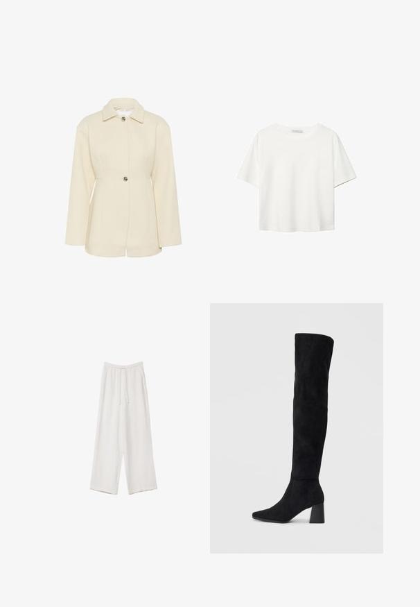 Krämfärgad texturerad jacka med krage, stängning med en knapp och långa ärmar. Har vertikala ribbade detaljer.; Vit t-shirt med kort ärm i bomull. Har en rundad halsringning och en avslappnad passform. Slät textur utan synliga mönster eller detaljer.; Vita vida byxor i vid passform gjorda av ett lättviktsmaterial. Har en elastisk midja med dragsko och sidofickor. Slät textur.; Svarta mocka knähöga stövlar med klack, spetsig tå och slät, sömlös design mot en ljus, enfärgad bakgrund.