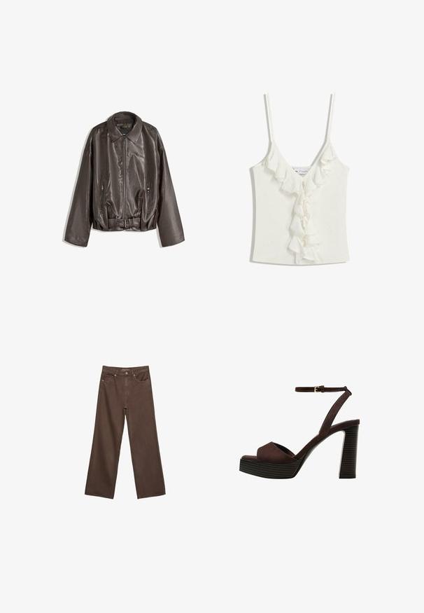 Hnědá kožená bunda s hladkou strukturou, oversized střihem, límcem, zipovými kapsami a páskem v pase pro dodatečný detail.; Bílý top bez rukávů s V- výstřihem, zdobený volány uprostřed. Vyroben z měkké, strukturované tkaniny.; Hnědé džíny s širokými nohavicemi vyrobené z denimu, s vysokým pasem, předními kapsami a klasickým zapínáním na knoflík. Hladká textura s jemným švem.; Hnědé semišové sandály na vysokém podpatku s otevřenou špičkou, nastavitelným páskem kolem kotníku a proužkovou platformou.