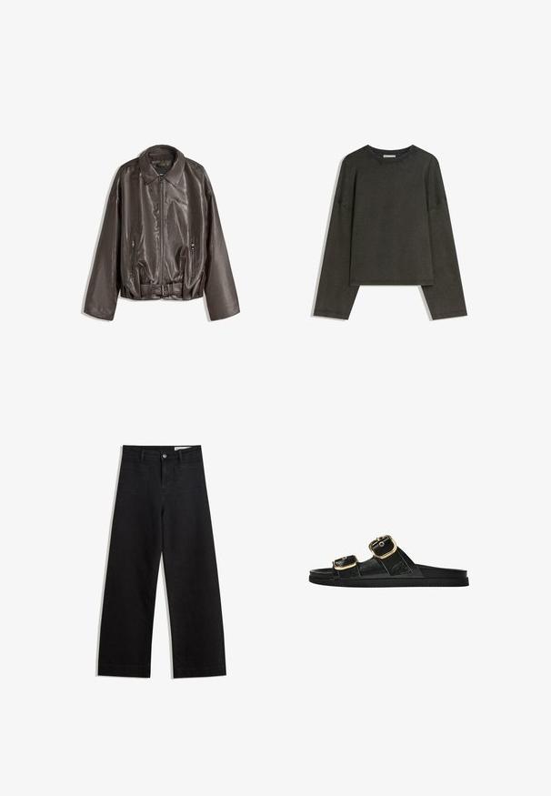 Brown leather jacket with a smooth texture, oversized fit, collar, zippered pockets, and a belted waist for added detail.; Dark grey long-sleeve top made of cotton-blend fabric. Boxy shape with a round neckline and dropped shoulders, featuring visible stitching.; Black wide-leg denim pants with a high waist, featuring front and back pockets, stitched seams, and a button closure. Smooth texture.; Black slide sandal with two gold buckle accents, smooth textured material, flat sole, and a minimalist design.