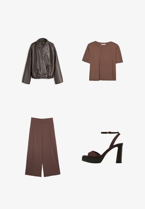 Giacca di pelle marrone con una texture liscia, vestibilità oversize, colletto, tasche con zip e una vita con cintura per un tocco in più.; Maglietta a maniche corte marrone realizzata in tessuto morbido, con scollatura rotonda e vestibilità rilassata. Nessun motivo o dettaglio visibile.; Pantaloni ampi marroni con una texture liscia, caratterizzati da una vita alta e pieghe frontali. Il tessuto è leggero e scorre liberamente.; Sandal in camoscio marrone con tacco alto, punta aperta, cinturino alla caviglia regolabile e suola a piattaforma striata.