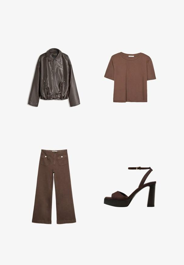 Giacca di pelle marrone con una texture liscia, vestibilità oversize, colletto, tasche con zip e una vita con cintura per un tocco in più.; Maglietta a maniche corte marrone realizzata in tessuto morbido, con scollatura rotonda e vestibilità rilassata. Nessun motivo o dettaglio visibile.; Pantaloni larghi marroni in cotone, con due tasche frontali decorate da bottoni argentati e una texture liscia.; Sandal in camoscio marrone con tacco alto, punta aperta, cinturino alla caviglia regolabile e suola a piattaforma striata.