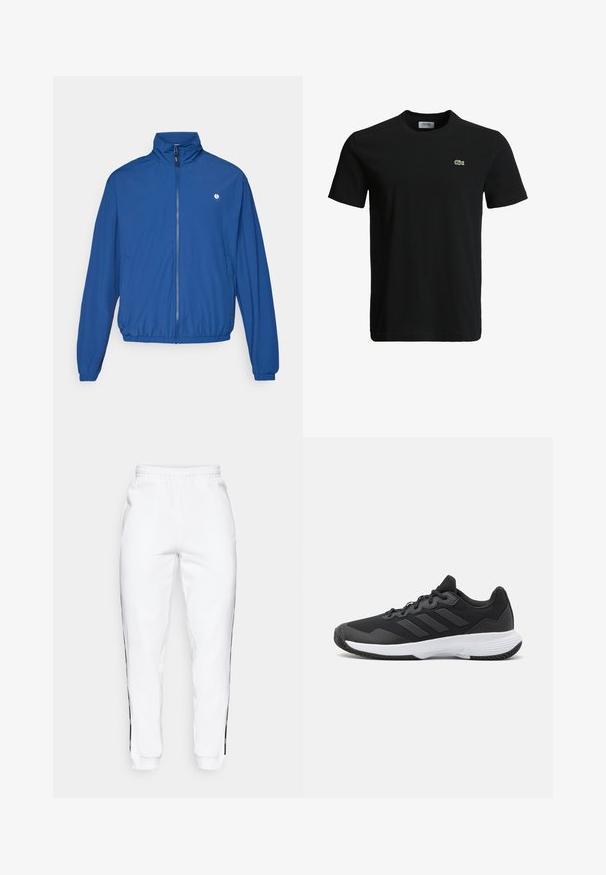 Blue lightweight zip-up jacket with a high neck, elastic cuffs, and hem. Features a small logo on the left chest. Made from a smooth fabric.; Black cotton t-shirt with a crew neck, short sleeves, and a small green crocodile logo on the left chest. Smooth texture, casual design.; White sweatpants with elastic waistband, featuring black side stripes and cuffs. Made from soft fabric with a smooth texture.; Black athletic shoe featuring a textured upper, three horizontal stripes, and a white sole with a patterned tread. Lightweight and streamlined design.