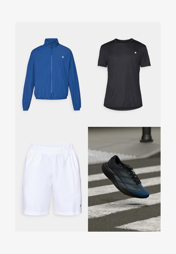 Modrá lehká zipová bunda s vysokým límcem, elastickými manžetami a lemem. Na levé straně hrudi se nachází malé logo. Vyrobena z hladkého materiálu.; Černé tričko s krátkým rukávem vyrobené z hladké látky, s kulatým výstřihem a malým bílým logem na levé části hrudi.; Bílé elastické šortky s rovný střih, nabízející boční kapsy a černý akcent loga na spodním pravém lemu. Hladká textura materiálu.; Černá a modrá sportovní obuv s aerodynamickým designem, s texturovaným svrškem, kontrastními pruhy a polstrovanou podešví, visící nad chodníkem.