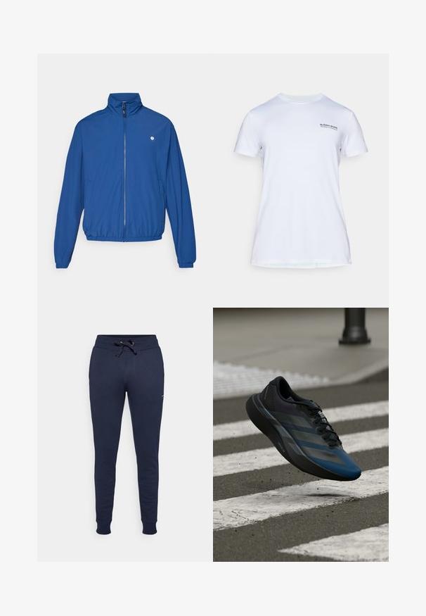 Casaco azul leve com fecho éclair, pescoço alto, punhos e barra elásticos. Apresenta um pequeno logótipo no lado esquerdo do peito. Feito de um tecido suave.; T-shirt atlético de manga curta branca com o texto "Björn Borg Training Club Monaco" impresso no lado superior esquerdo do peito.; Calças de fato de treino azul-marinho feitas de um tecido suave, com um cós elástico com cordão, e pernas ajustadas com punhos canelados.; Tênis atlético preto e azul com design aerodinâmico, apresentando uma parte superior texturizada, riscas contrastantes e uma sola acolchoada, pairando sobre o pavimento.