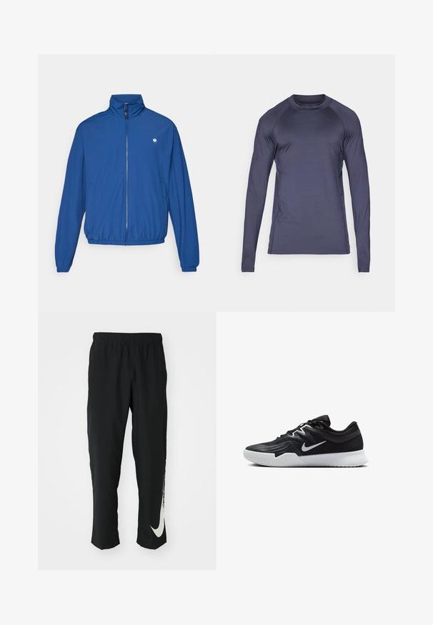 Casaco azul leve com fecho éclair, pescoço alto, punhos e barra elásticos. Apresenta um pequeno logótipo no lado esquerdo do peito. Feito de um tecido suave.; Camisola atlética de mangas longas em azul-marinho escuro, feita de um tecido suave e leve, com mangas raglan e decote em crew.; Calças atléticas pretas com cintura elástica, design afunilado, apresentando um grande logótipo branco da Nike na perna esquerda. Tecido macio e leve.; Sapatilha atlética preta com um cabedal texturizado, swoosh branco da Nike e uma sola de borracha branca. Apresenta um design com atacadores e uma forma dinâmica.