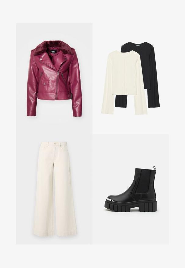 ONLY ONLVILHELMA BIKER - Műbőr dzseki - burgundy; Két darabból álló hosszú ujjú felsők szettje fehér és fekete színben. Bordás textúra, kerek nyakkivágás, testhez simuló fazon, enyhén bővülő ujjakkal.; Széles szárú, világos bézs farmernadrág magas derékkal, két elülső zsebbel, gombos záródással és diszkrét varrási részletekkel.; Fekete boka csizmák sima bőrből, elasztikus panelek, vastag platform talp és fém orrrész jellemzi őket.