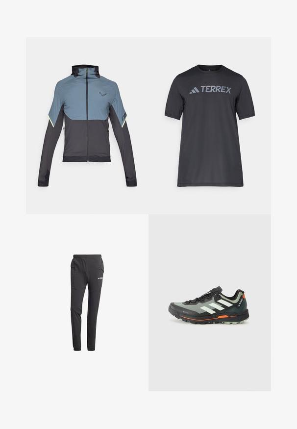 Grå og svart zip-up jakke med høy krage, atletisk passform, teksturerte overpaneler og reflekterende accenter på ermene.; Svart t-skjorte med kort erm laget av lett stoff, med en lys grå "TERREX" logo på tvers av brystet og rund hals.; Sorte idrettsbukser laget av lett materiale, med elastisk midjebånd, sidelommer, innsnevrede ben og logo-detalle.; Lettvekt løpesko for terrengløp med et grått og svart mesh-overdel, oransje detaljer og en robust såle for godt grep. Vanntett Gore-Tex fôr.