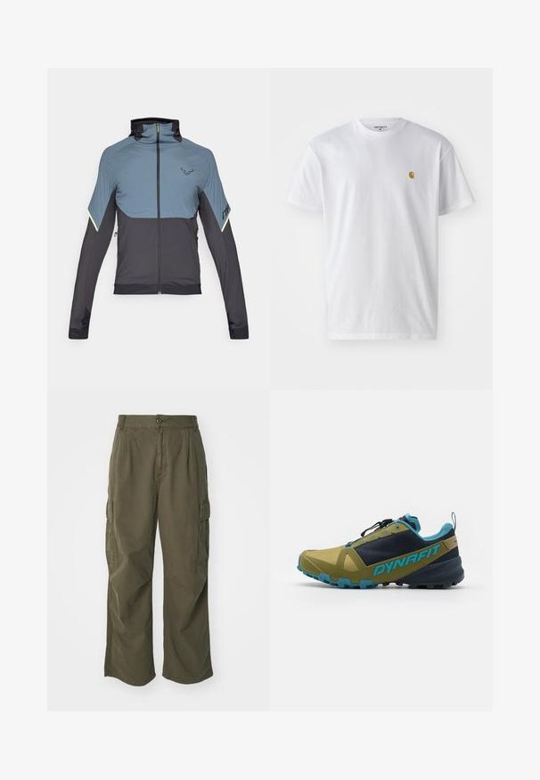 Gray and black zip-up jacket with a high collar, athletic fit, textured upper panels, and reflective accents on sleeves.; White cotton t-shirt with short sleeves, crew neck, featuring a small gold logo on the left chest area. Soft texture and regular fit.; Cargo pants in olive green, made of cotton, with a wide leg design, pleats, and side pockets for utility.; Trail running shoe in olive green and navy, featuring a textured upper, blue accents, a secure lace system, and a rugged outsole for grip.