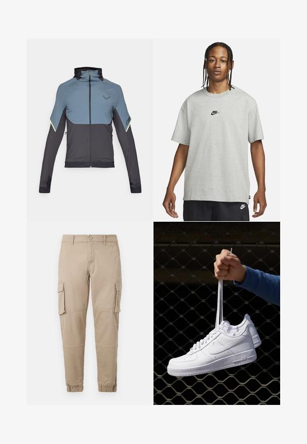 Chaqueta gris y negra con cremallera y cuello alto, corte atlético, paneles superiores texturizados y detalles reflectantes en las mangas.; Joven con cabello trenzado que lleva una camiseta Nike gris claro y pantalones cortos Nike negros frente a un fondo blanco liso.; Pantalones cargo beige de un material de algodón ligero. Presenta puños elásticos, múltiples bolsillos laterales y un cierre de botón.; Zapatillas de cuero blanco con perforaciones, punta redonda, suela plana y cordones gruesos, con un logo de swoosh visible y "AIR" en el talón.