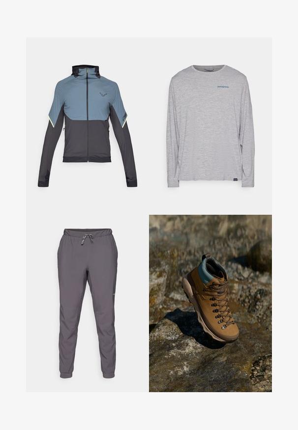 Siva in črna jopica z zadrgo in visokim ovratnikom, športen fit, teksturirane zgornje plošče in odsevni detajli na rokavih.; Svetlo siva majica dugih rukava od mekog, teksturiranog materijala. Ima okrugli izrez i mali plavi Patagonia logo na grudima.; Sive, lahke hlače z elastičnim pasom in nastavljivo vrvico; zožane noge; gladka tekstura; vključuje detajle logotipa na strani.; Rjava pohodniška čevlja s sintetičnim zgornjim delom, svetlo modrim ovratnikom, kovinskimi okovji in teksturiranim gumijastim podplatom. Namenjena so zunanjim aktivnostim.