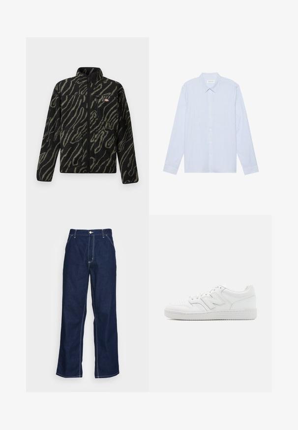 Must mustriga jakki rohelise abstraktse mustriga, täispikk tõmblukk, kõrge krae ja ees tõmblukuga tasku. Pehme tekstuur ja regulaarne sobivuse disain.; Heled sinine triibuline pikkade varrukatega nööpidega särk. Omab traditsioonilist kraed, valgeid nööpe ja sileda puuvilla segust kangast.; Tumed sinised denim püksid laia säärega, kõrge talje, ees olevate taskutega ja kontrastsete valgete õmblustega õmblustes.; Valged spordijalatsid, mis on valmistatud siledast nahast, sisaldavad aukudega varbaosa, tekstureeritud kummist tallat, lamedaid paelu ja silmapaistvat 'N' logo küljel.