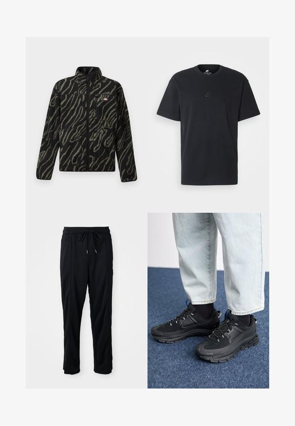 Black fleece jacket with green abstract pattern, full zip, high collar, and front zippered pocket. Soft texture and regular fit design.; Nike black cotton t-shirt with a classic crew neck, short sleeves, and a subtle, embossed logo on the chest. Smooth texture.; Black drawstring waist casual pants with side seam pockets and straight leg cut on a plain background.; Black athletic shoes with textured fabric and rubber soles, featuring elastic laces and a blue accent on the heel. Worn with light denim pants.