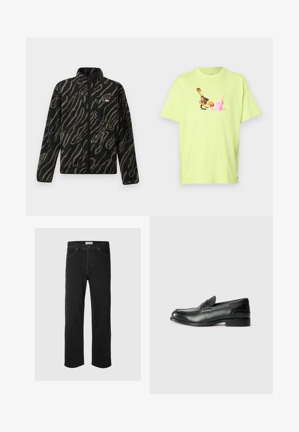 Black fleece jacket with green abstract pattern, full zip, high collar, and front zippered pocket. Soft texture and regular fit design.; Lime green cotton T-shirt featuring a graphic of a bird and a pink ice cream cone, with a simple crew neck and short sleeves.; Black denim straight-leg jeans feature a classic five-pocket design with button closure, minimal stitching, and a soft texture.; Black leather loafers featuring a smooth finish, stitched detailing across the vamp, and a slightly raised heel.