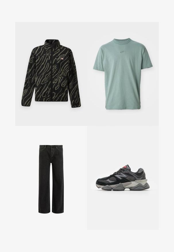 Juodas fliso švarkas su žaliu abstrakčiu raštu, visiškai užtraukiamas, aukštu apykaklė ir priekinis užtrauktuku užsegamas kišenė. Minkšta tekstūra ir įprasto dydžio dizainas.; Žalias medvilninis marškinėliai su trumpomis rankovėmis, įpjautu apykakle ir išsiuvinėtu Nike logotipu ant krūtinės. Turi lygų paviršių ir laisvą pritaikymą.; Juodi džinsai plačiomis kojomis su aukštu liemeniu, su klasikinio penkių kišenių dizainu ir švelniu prasiskverbimu dėl tekstūruotos išvaizdos.; Juodos ir pilkos sportbačiai su zomšos ir tinklelio medžiagų mišiniu, storu padu, išsiskiriančiu logotipu ir raudona akcentu ant liežuvėlio.