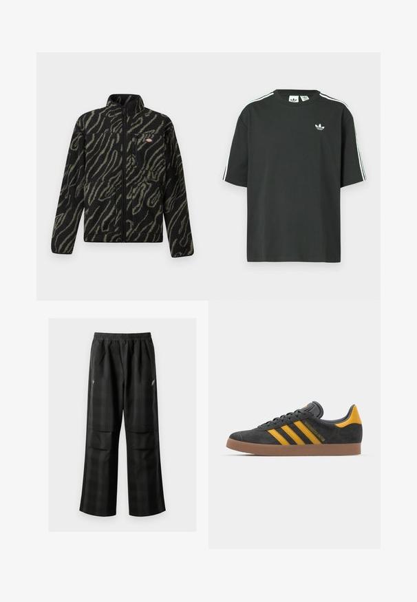 Jachetă fleece neagră cu un model abstract verde, fermoar pe toată lungimea, guler înalt și buzunar frontal cu fermoar. Textură moale și design cu o croială normală.; Tricou negru din bumbac cu mâneci scurte, guler rotund și detalii albe cu trei dungi pe umeri. Prezintă un logo mic alb pe piept.; Pantaloni cu un model carourile negre, având talie elastică, două buzunare frontale și un croi lejer cu picioare drepte. Construiți dintr-un material ușor.; Tenisi negri din suede cu accente galbene, având trei dungi și o talpă din cauciuc maroniu. Include un limba căptușită pentru confort.