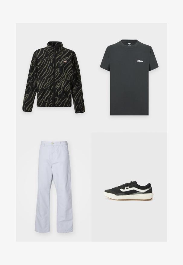 Svart fleecejacka med grön abstrakt mönstring, hel dragkedja, hög krage och framficka med dragkedja. Mjuk textur och vanlig passform.; Svart bomullströja med korta ärmar, rundad halsringning och vitt "obey"-logotyp på vänster bröst. Slät textur, design med normal passform.; Ljusblå, raka byxor i bomull. Har en framficka, dragkedjegylf och en enda metallknapp i midjan.; Svart sneakers med vita accenter, med en slät syntetisk ovandel, rund form och gummisula, tillsammans med ljusbeiga byxor.