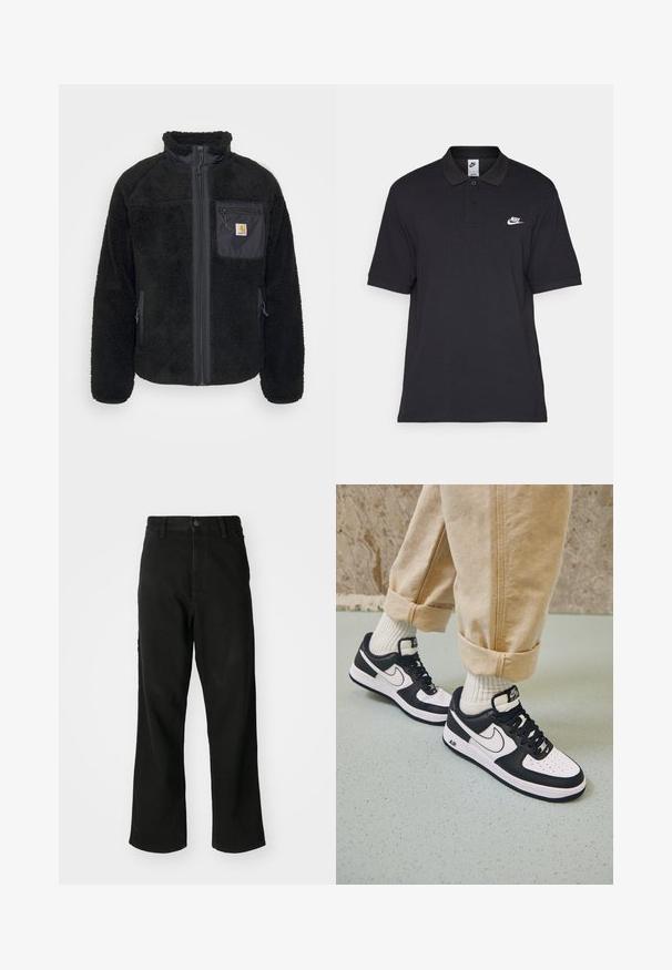 Jachetă din fleece negru cu guler înalt, fermoar frontal și buzunar pe piept. Prezintă o textură moale, buzunare laterale și o mică etichetă cu logo pe buzunar.; Polo negru din bumbac, cu un guler cu două butoane, mâneci scurte și un logo alb Nike pe pieptul stâng.; Jeans negri cu picioare drepte, cu închidere cu buton, curea de prindere și buzunare frontale pe un fundal alb simplu.; Adidași Nike Air Force 1 alb-negru, cu partea de sus din piele, vârf perforat și detaliu texturat pe talpă, purtați cu pantaloni bej răsuciți și șosete albe.