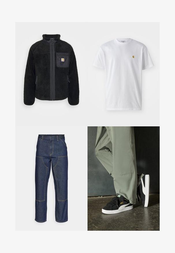 Black fleece jacket with a high collar, zip front, and chest pocket. Features soft texture, side pockets, and a small logo patch on the pocket.; White cotton t-shirt with short sleeves, crew neck, featuring a small gold logo on the left chest area. Soft texture and regular fit.; Dark blue denim jeans with a high waist, straight leg design, contrasting stitching, and patch pockets on the front.; Black suede sneakers with white rubber soles and side stripes, paired with light green cargo pants, standing on a textured dark surface.