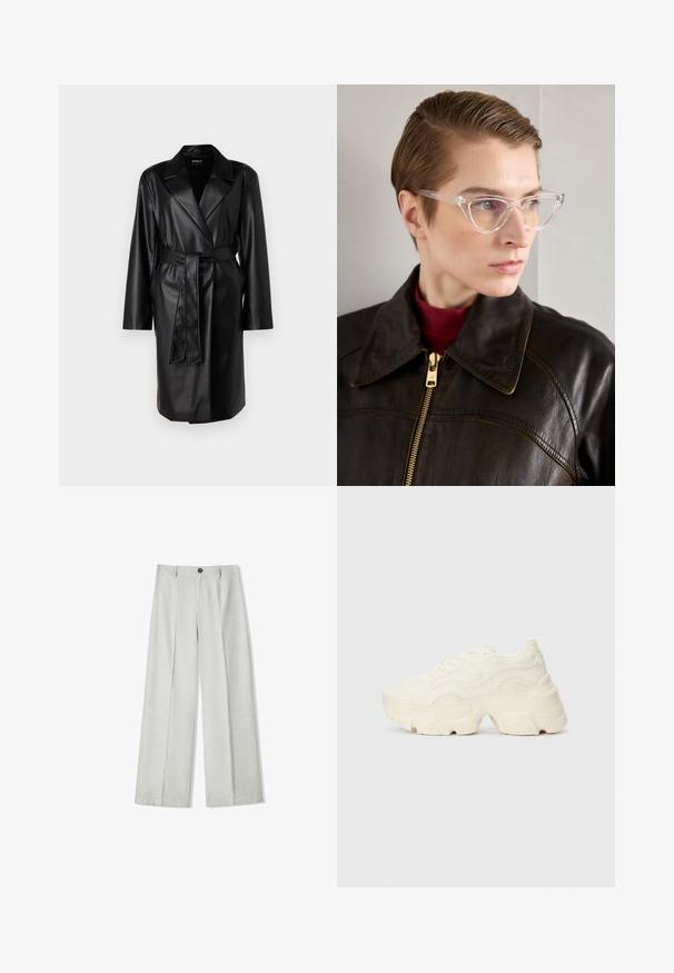 ONLY ONLBINA WRAP COAT - Jachetă din imitație de piele - black; Top alb fără mâneci, cu decolteu rotund. Fabricat dintr-un material neted, prezintă o croială lejeră și un design minimalist. Fără modele sau accente.; Pantaloni largi de culoare gri deschis, confecționați dintr-un material texturat, având închidere cu nasture și două plii în față pentru un detaliu suplimentar.; Tenisi albi voluminoși, fabricați din plasă texturată și materiale sintetice, cu o talpă groasă și detalii de model intricate pe laturi.; Ochelari cat-eye din acetat transparent, cu lentile galbene, purtați de o persoană într-o jachetă din piele neagră și un pulover roșu. Textură netedă.; Geantă bej din material moale, cu un design lejer, detalii cusute și două bretele pentru umăr. Potrivită pentru utilizarea zilnică.