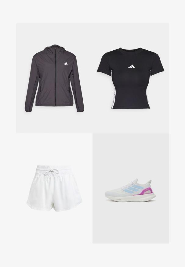 Lagani, tamnosivi zip-up kaput s kapuljačom, s bijelim logotipom na lijevoj strani prsnog koša i dva bočna džepa. Glatka tekstura.; Crna uska majica s kratkim rukavima izrađena od glatkog materijala. Ima bijeli adidas logotip na prsima. Bijele pruge duž bokova.; Bijele atletske šorceve s elastičnom strukom i podešavanjem pomoću vezice. Napravljeni su od laganog materijala, imaju bočne džepove i širok kroj.; adidas Performance PUREBOOST 5 - Tenisice za cestovno trčanje - white/glow blue/purple burst