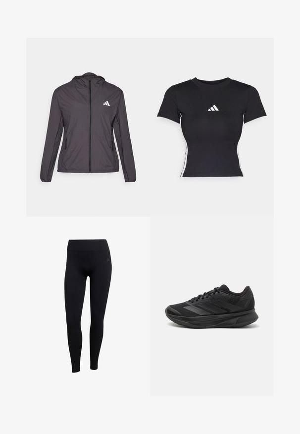 Chaqueta ligera de color gris oscuro, con cremallera y capucha, que cuenta con un logo blanco en el lado izquierdo del pecho y dos bolsillos laterales. Textura suave.; Camiseta ajustada negra hecha de tela suave. Presenta mangas cortas y el logo blanco de adidas en el pecho. Rayas blancas a lo largo de los costados.; Leggings atléticos negros hechos de una tela elástica, con una cinturilla alta, diseño ajustado y puños de tobillo acanalados. Sutil logo de la marca.; Zapatilla de running negra con parte superior de malla transpirable, punta redondeada, diseño elegante, acentos texturizados y suela acolchada para mayor comodidad.