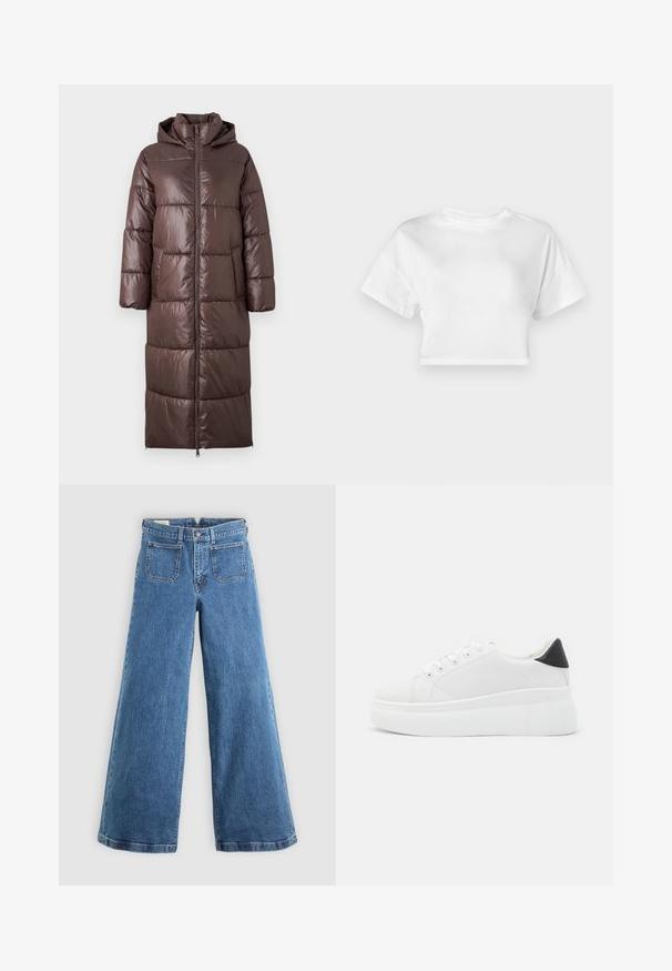 Brown, long puffer coat with a hood, featuring a shiny, quilted texture, front zipper, and side pockets, designed for warmth and coverage.; White cropped t-shirt made of cotton. Short sleeves, round neckline, smooth texture, casual design without patterns or embellishments.; Blue high-waist wide-leg jeans with front patch pockets, belt loops, button closure, and zip fly on a plain background.; White platform sneakers made of smooth synthetic material, featuring a rounded toe, lace-up design, and a textured rubber sole. Black heel accent.