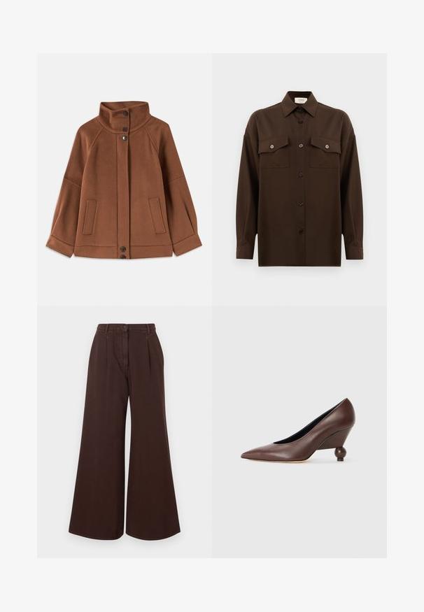Bruine wolmix jas met een hoge kraag, drieknoopsluiting en twee voorzakken; heeft raglanmouwen en eenvoudige stiksels.; Donkerbruin langarm overhemd met knopen, voorzien van twee zakken met klep op de borst en een klassieke kraag, weergegeven tegen een effen witte achtergrond.; Hoge taille, wijde bruine broek met knoop- en ritssluiting, riemlussen en voorplooien.; Bruine leren wedge pump met een spitse neus en een ronde, balvormige hak. Gladde textuur met een eenvoudig ontwerp en minimale accenten.